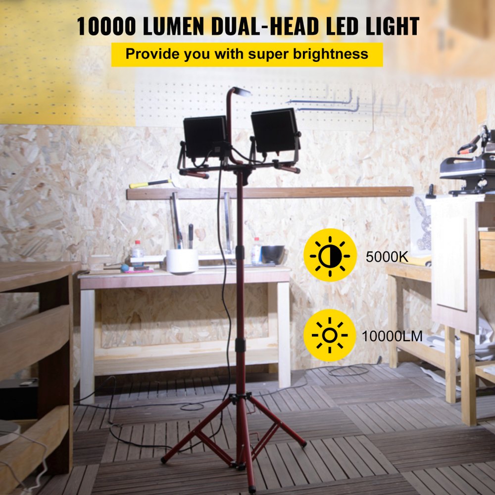 VEVOR LED Work Light with Stand, 10000 Lumen Dual-head LED Work Light with 27.6\"-68.1\" Adjustable and Foldable Tripod Stand, IP65 Waterproofed LED Tripod Work Light, with 5000 Kelvin Color Temperatu