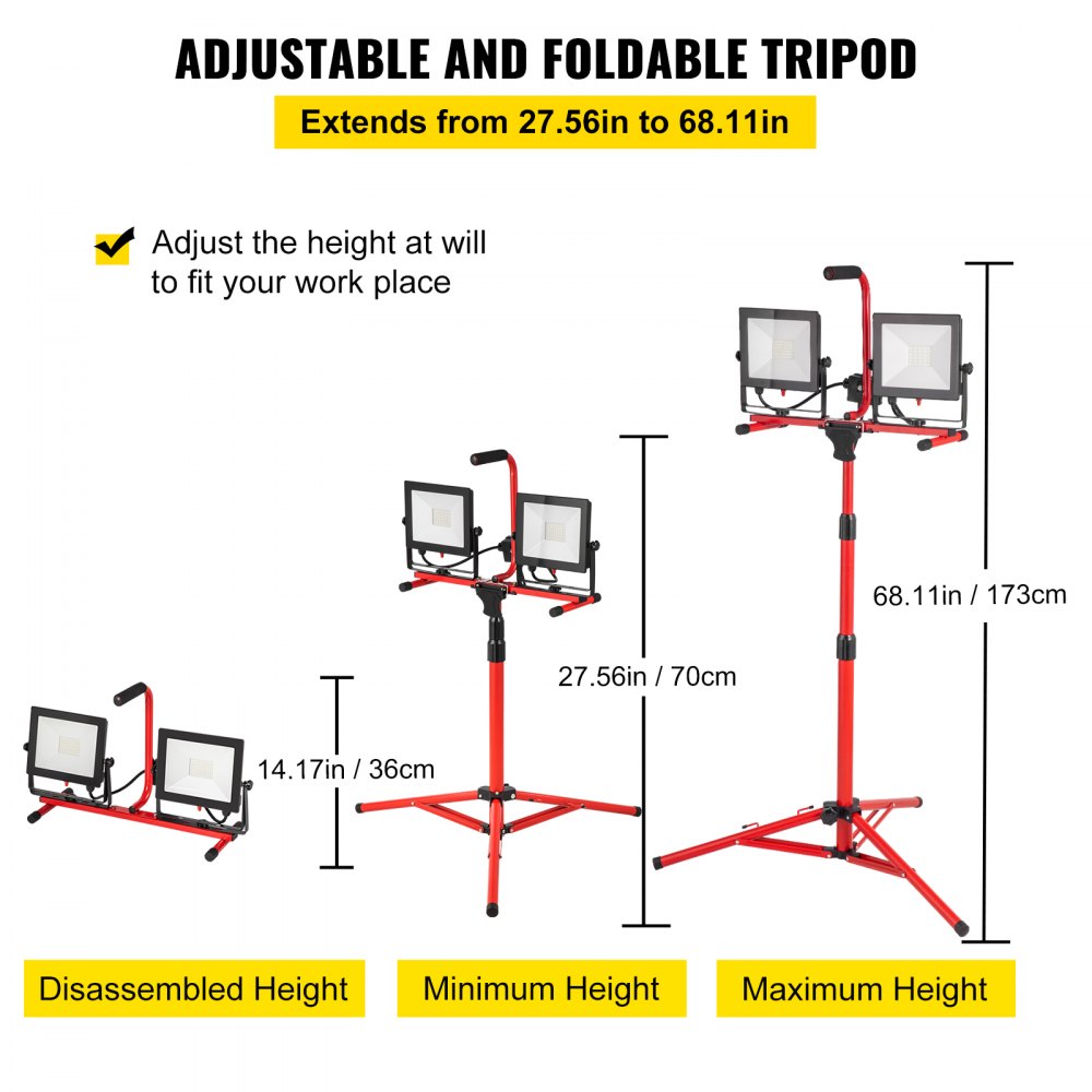 VEVOR LED Work Light with Stand, 10000 Lumen Dual-head LED Work Light with 27.6\"-68.1\" Adjustable and Foldable Tripod Stand, IP65 Waterproofed LED Tripod Work Light, with 5000 Kelvin Color Temperatu