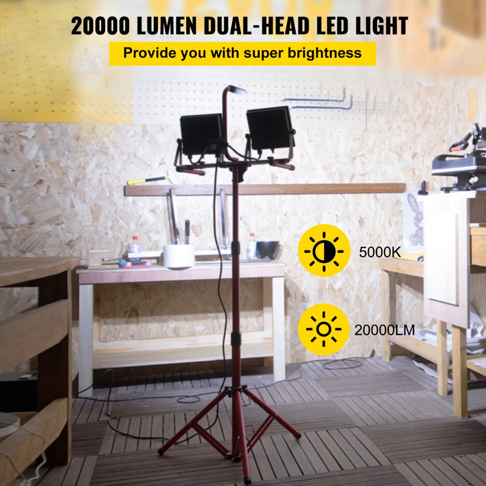 VEVOR LED Work Light with Stand, 20000 Lumen Dual-head LED Work Light with 27.6\"-68.1\" Adjustable and Foldable Tripod Stand, IP65 Waterproofed LED Tripod Work Light, with 5000 Kelvin Color Temperatu