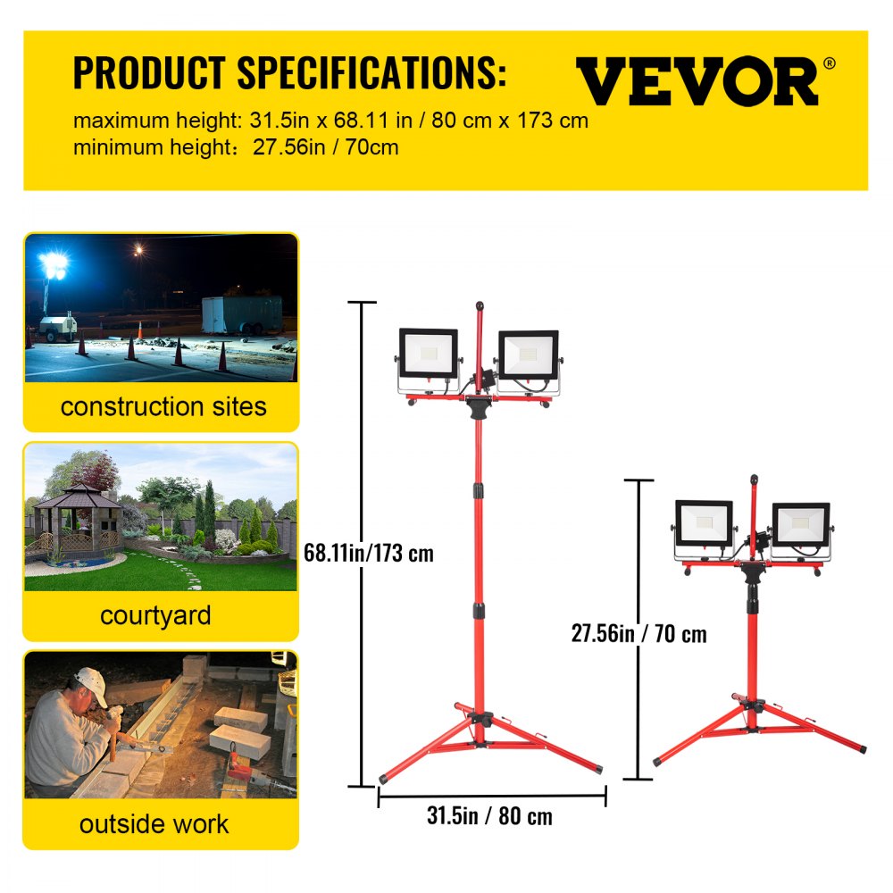 VEVOR LED Work Light with Stand, 20000 Lumen Dual-head LED Work Light with 27.6\"-68.1\" Adjustable and Foldable Tripod Stand, IP65 Waterproofed LED Tripod Work Light, with 5000 Kelvin Color Temperatu