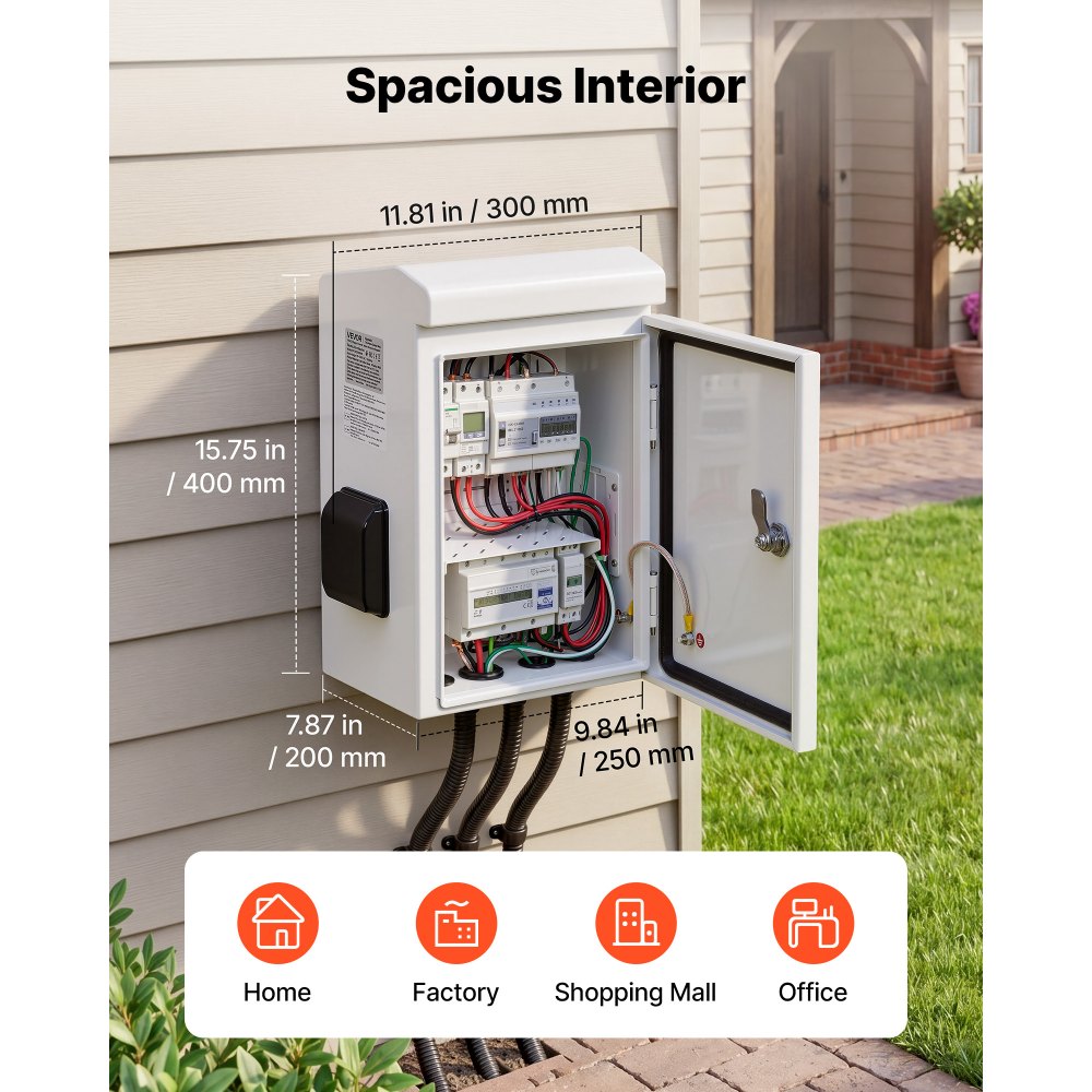 VEVOR Outdoor Electrical Box, Cold-Rolled Steel, Electrical Junction Box with Thermostat and Fan, Rain Hood, Ventilated Design, IP65 Waterproof Hinged Enclosure, Wall/Pole Mounted, 16 x 12 x 8 in