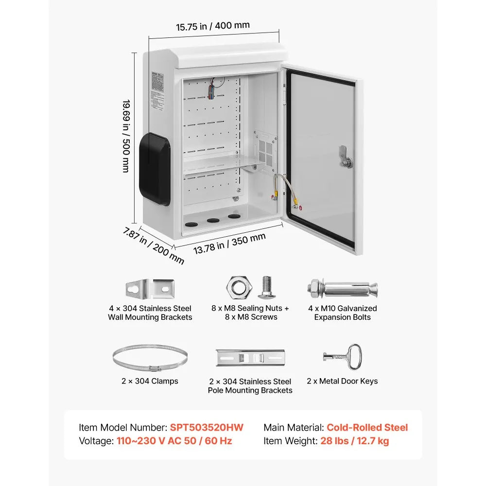 VEVOR Outdoor Electrical Box, Cold-Rolled Steel, Electrical Junction Box with Thermostat and Fan, Rain Hood, Ventilated Design, IP65 Waterproof Hinged Enclosure, Wall/Pole Mounted, 20 x 16 x 8 in