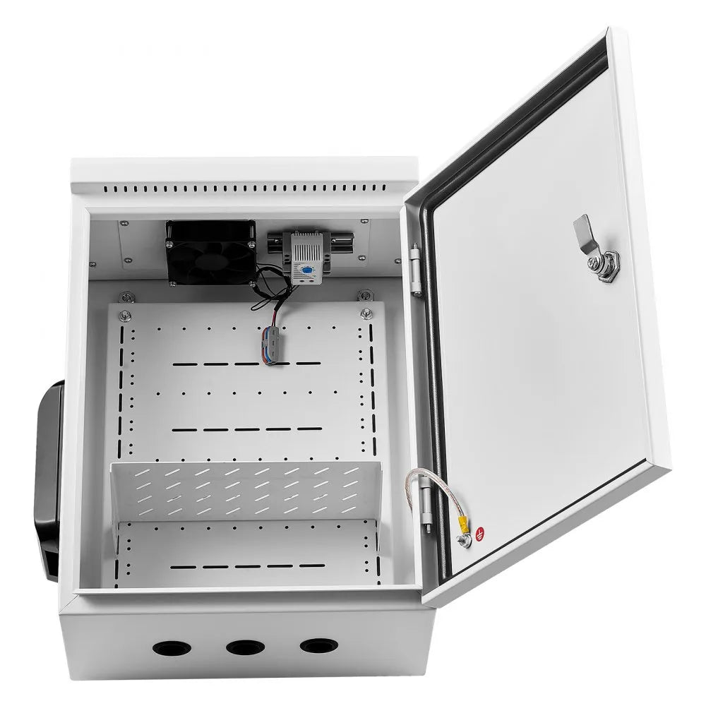 VEVOR Outdoor Electrical Box, Cold-Rolled Steel, Electrical Junction Box with Thermostat and Fan, Rain Hood, Ventilated Design, IP65 Waterproof Hinged Enclosure, Wall/Pole Mounted, 20 x 16 x 8 in