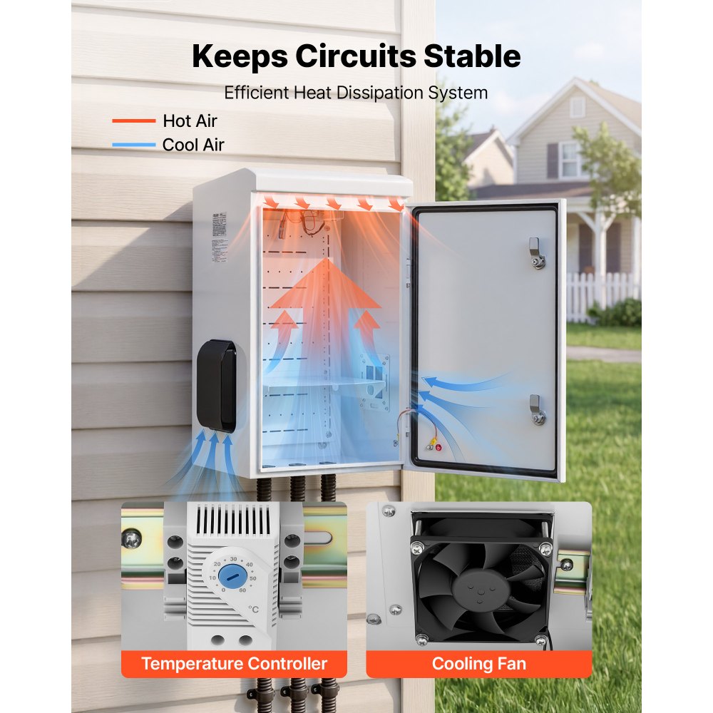 VEVOR Outdoor Electrical Box, Cold-Rolled Steel, Electrical Junction Box with Thermostat and Fan, Rain Hood, Ventilated Design, IP65 Waterproof Hinged Enclosure, Wall/Pole Mounted, 24 x 16 x 12 in