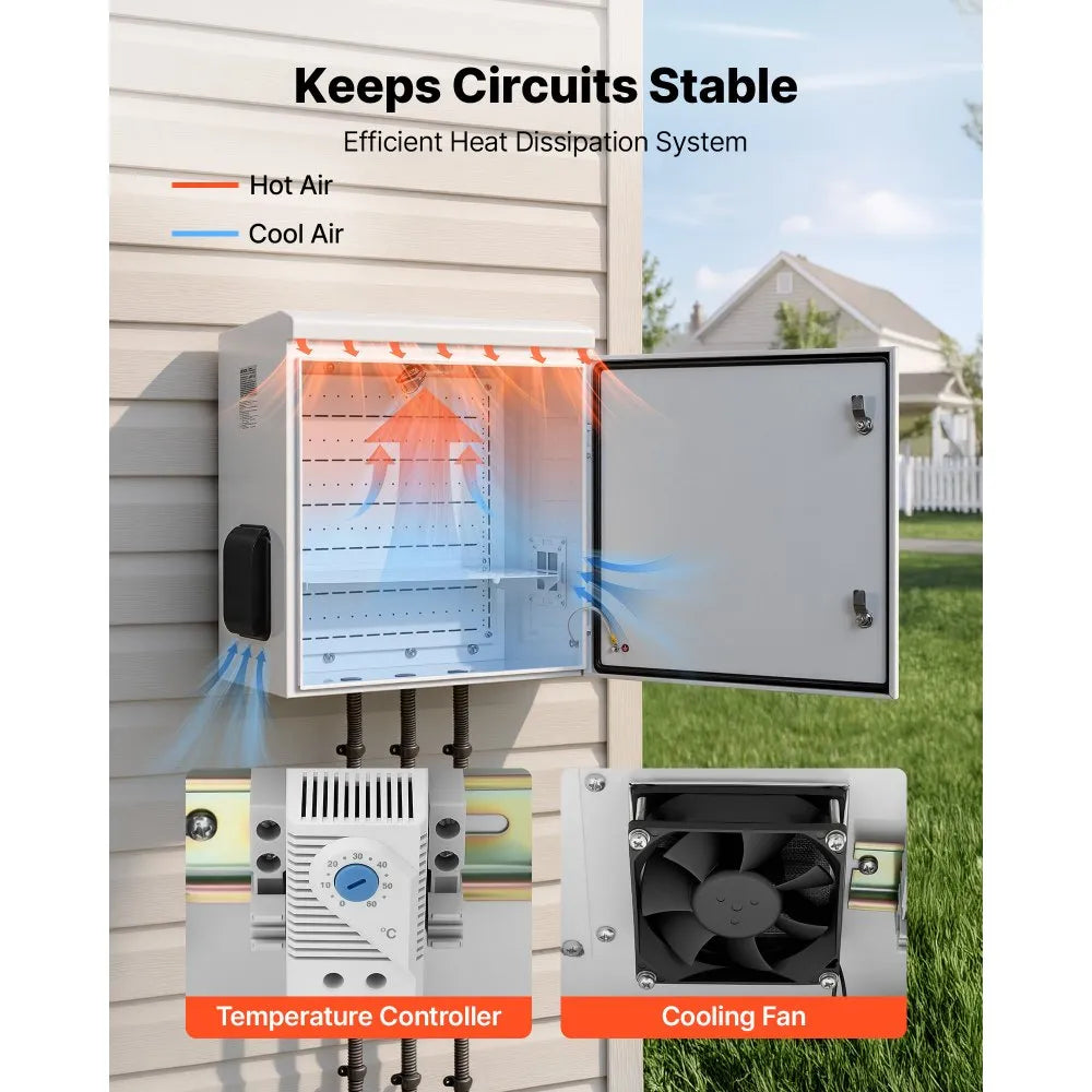 VEVOR Outdoor Electrical Box, Cold-Rolled Steel, Electrical Junction Box with Thermostat and Fan, Rain Hood, Ventilated Design, IP65 Waterproof Hinged Enclosure, Wall/Pole Mounted, 24 x 24 x 12 in