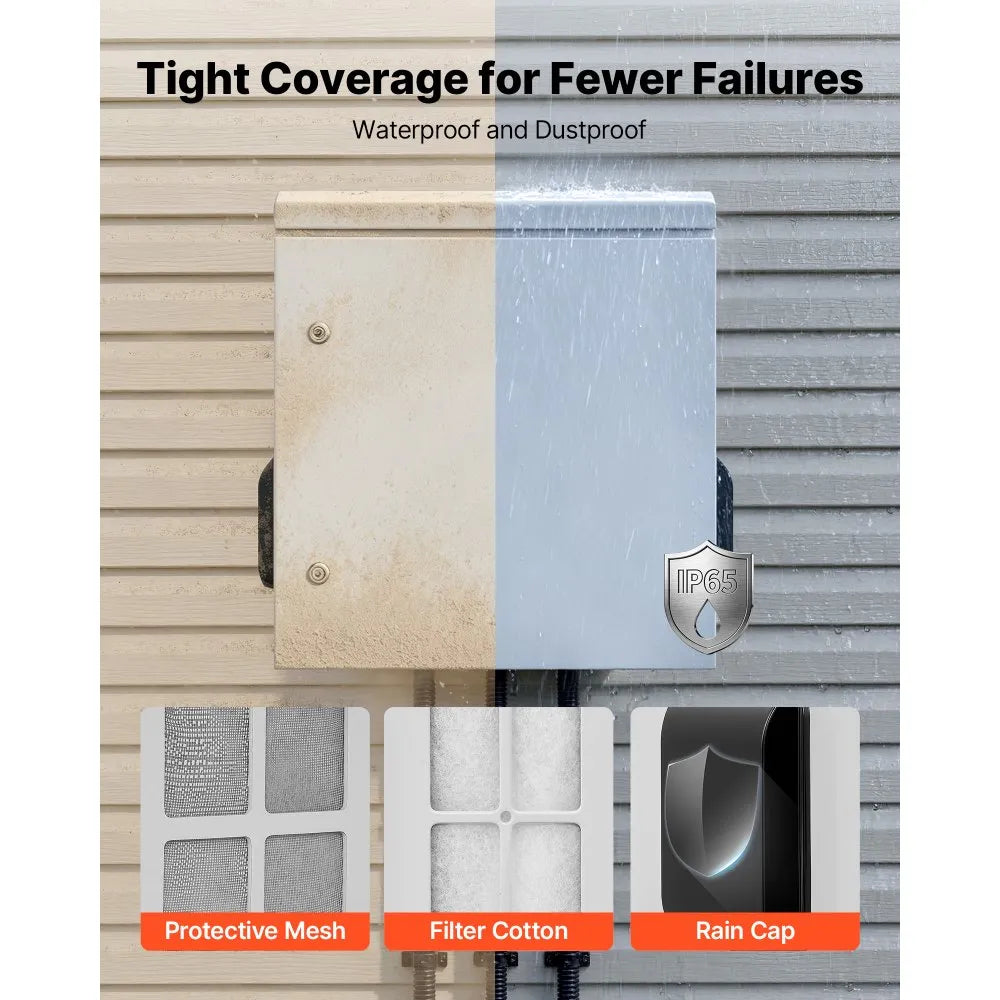 VEVOR Outdoor Electrical Box, Cold-Rolled Steel, Electrical Junction Box with Thermostat and Fan, Rain Hood, Ventilated Design, IP65 Waterproof Hinged Enclosure, Wall/Pole Mounted, 24 x 24 x 12 in