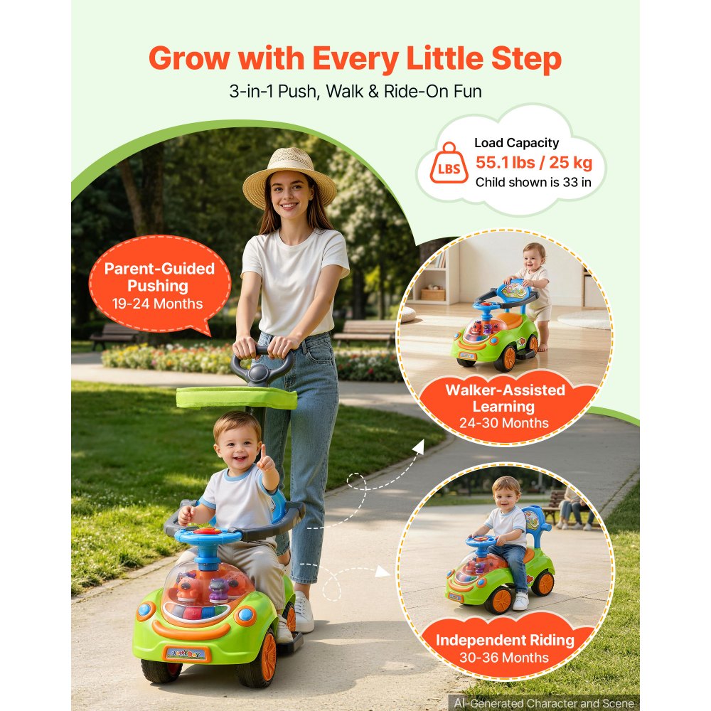 VEVOR Ride On Push Car for Toddler 19+ Months Sit-to-Stand Push Car Handle, for Boys Girls, Around Buggy with Guardrails, Detachable Canopy, Music & Light & Storage, Detachable Back,Indoor Outdoor