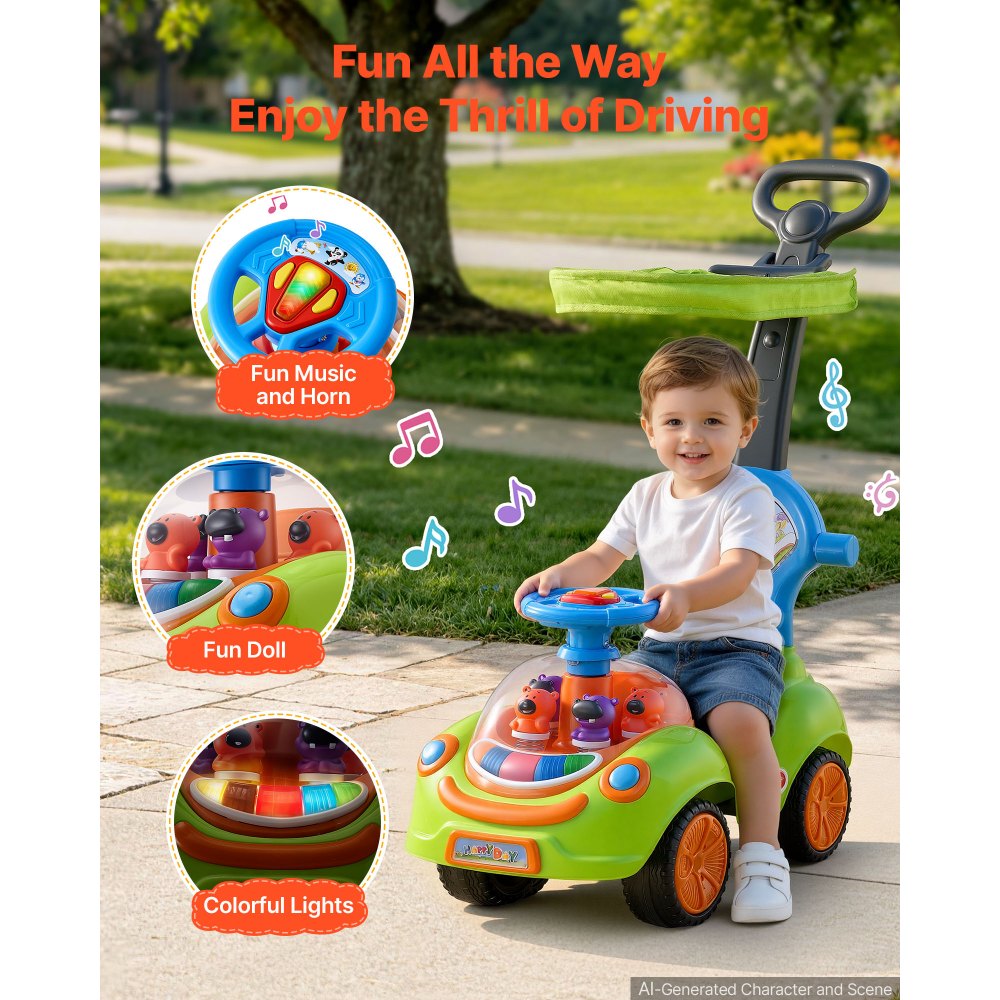VEVOR Ride On Push Car for Toddler 19+ Months Sit-to-Stand Push Car Handle, for Boys Girls, Around Buggy with Guardrails, Detachable Canopy, Music & Light & Storage, Detachable Back,Indoor Outdoor