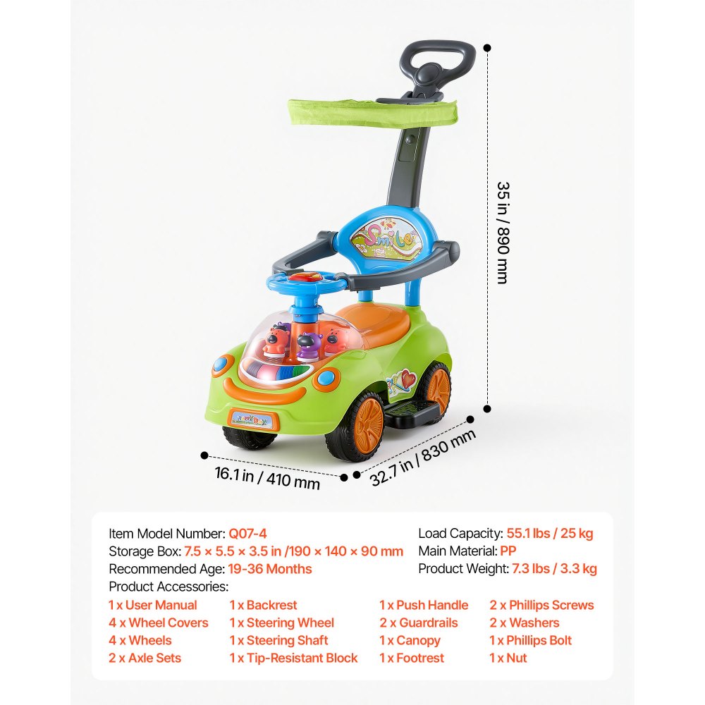 VEVOR Ride On Push Car for Toddler 19+ Months Sit-to-Stand Push Car Handle, for Boys Girls, Around Buggy with Guardrails, Detachable Canopy, Music & Light & Storage, Detachable Back,Indoor Outdoor