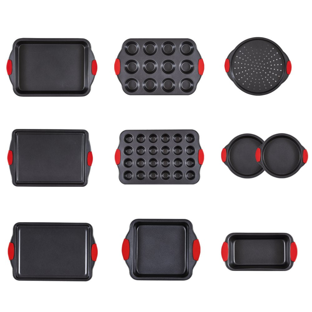 VEVOR Baking Pans Set, 10-Piece, Nonstick Carbon Steel Cookware Sheets & Trays, Stackable Kitchen Oven Bakeware Cooking Sets with Silicone Handles, Easy to Clean, for Baking Cookie Cake Muffin Bread