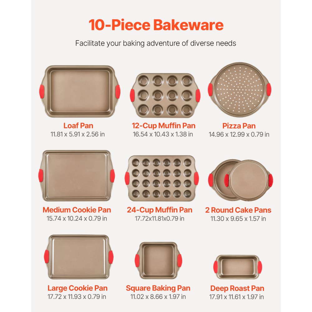 VEVOR Baking Pans Set, 10-Piece, Nonstick Carbon Steel Cookware Sheets & Trays, Stackable Kitchen Oven Bakeware Cooking Sets with Silicone Handles, Easy to Clean, for Baking Cookie Cake Muffin Bread