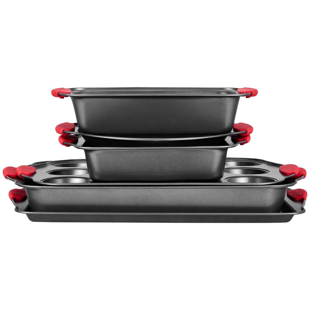 VEVOR Baking Pans Set, 6-Piece, Nonstick Carbon Steel Cookware Sheets & Trays, Stackable Kitchen Oven Bakeware Cooking Sets with Silicone Handles, Easy to Clean, for Baking Cookie Cake Muffin Bread