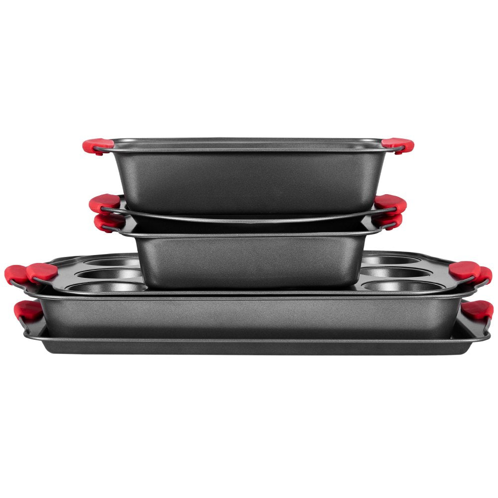 VEVOR Baking Pans Set, 6-Piece, Nonstick Carbon Steel Cookware Sheets & Trays, Stackable Kitchen Oven Bakeware Cooking Sets with Silicone Handles, Easy to Clean, for Baking Cookie Cake Muffin Bread