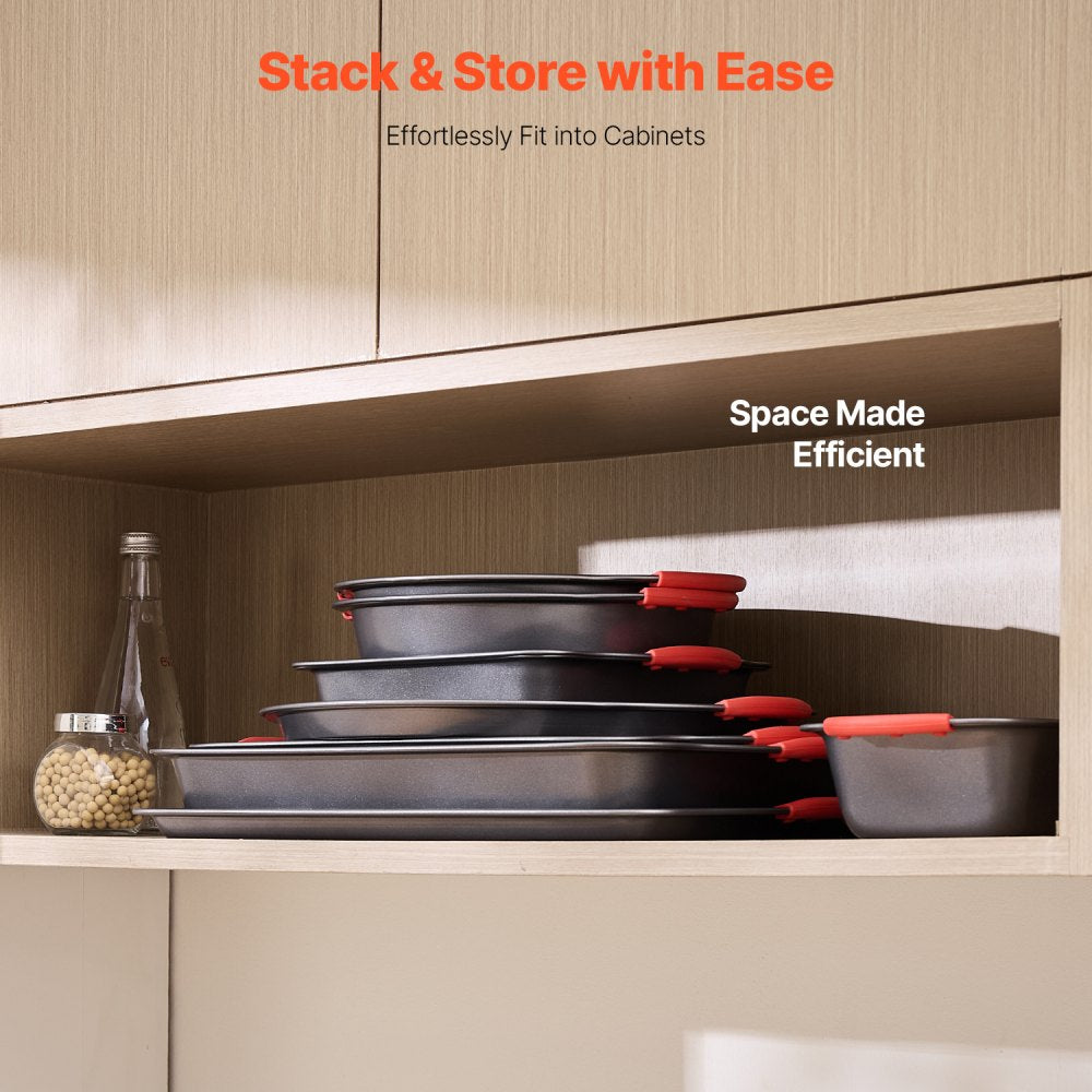 VEVOR Baking Pans Set, 8-Piece, Nonstick Carbon Steel Cookware Sheets & Trays, Stackable Kitchen Oven Bakeware Cooking Sets with Silicone Handles, Easy to Clean, for Baking Cookie Cake Muffin Bread