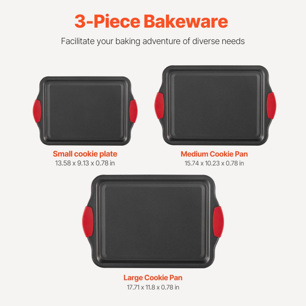 VEVOR Baking Pans Set, 3-Piece, Nonstick Carbon Steel Cookware Sheets & Trays, Stackable Kitchen Oven Bakeware Cooking Sets with Silicone Handles, Easy to Clean, for Baking Cookie Cake Muffin Bread