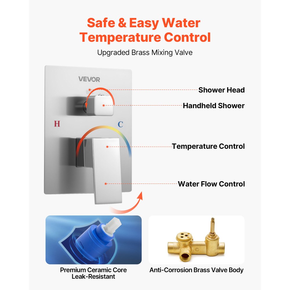VEVOR Shower Faucet Set, Rainfall Bathroom Shower System with 12-Inch Square Rain Shower Head and Handheld Spray, Ceiling Mount Bath Fixtures with Brass Valve and Trim Kit, Brushed Nickel
