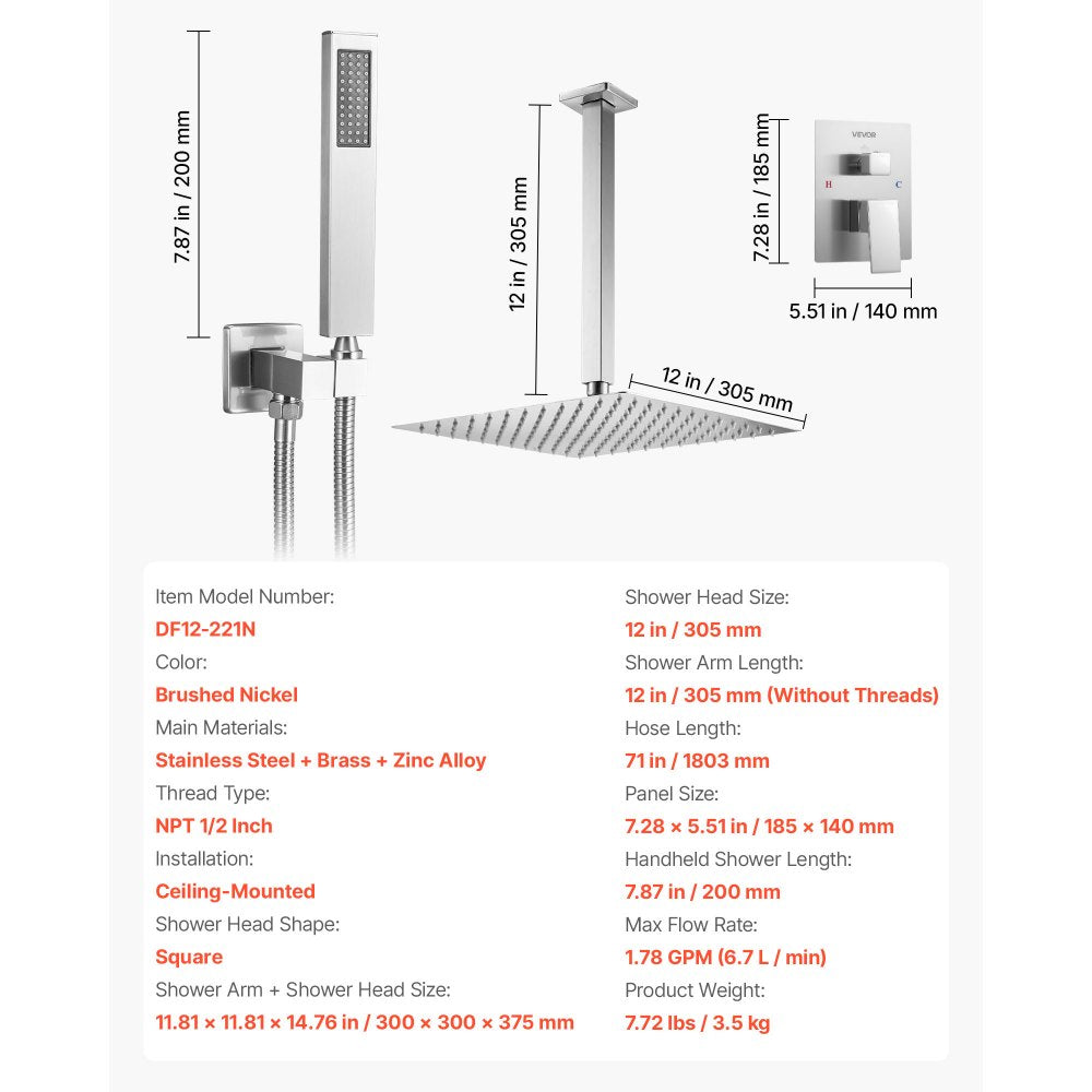 VEVOR Shower Faucet Set, Rainfall Bathroom Shower System with 12-Inch Square Rain Shower Head and Handheld Spray, Ceiling Mount Bath Fixtures with Brass Valve and Trim Kit, Brushed Nickel