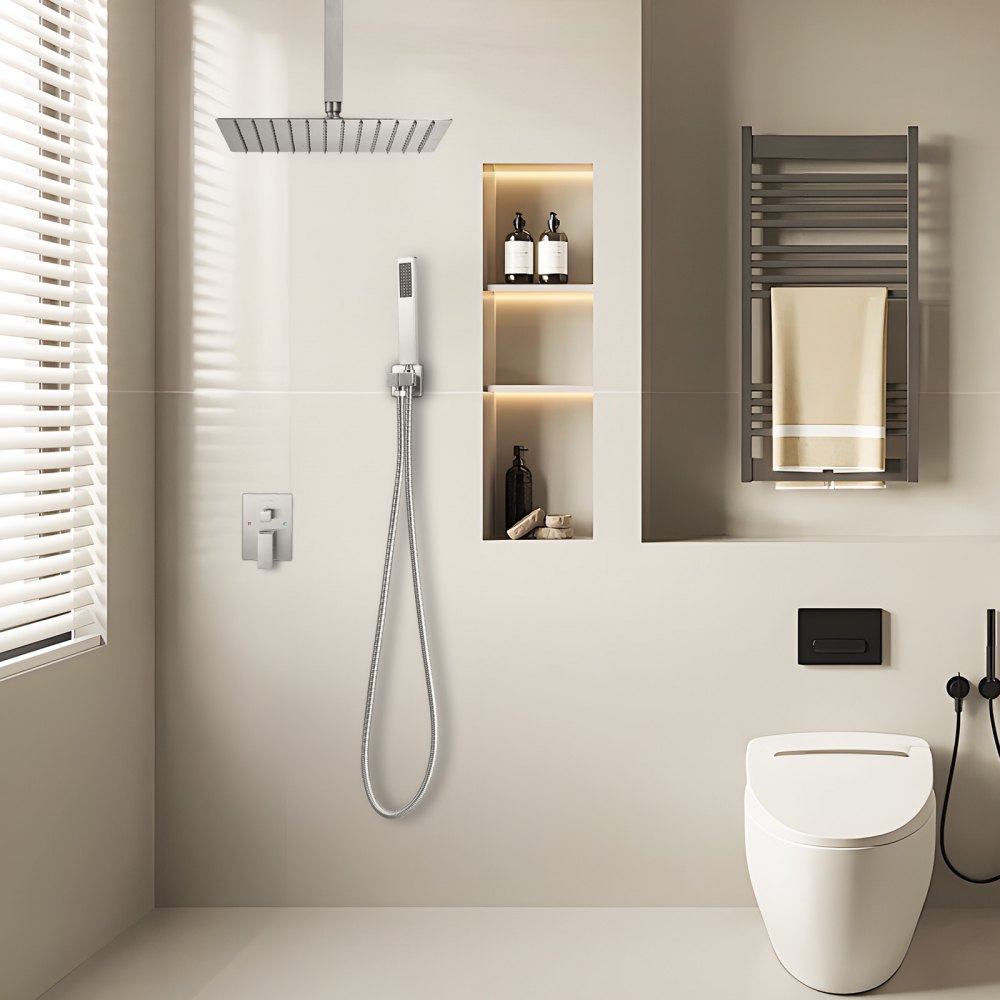 VEVOR Shower Faucet Set, Rainfall Bathroom Shower System with 12-Inch Square Rain Shower Head and Handheld Spray, Ceiling Mount Bath Fixtures with Brass Valve and Trim Kit, Brushed Nickel