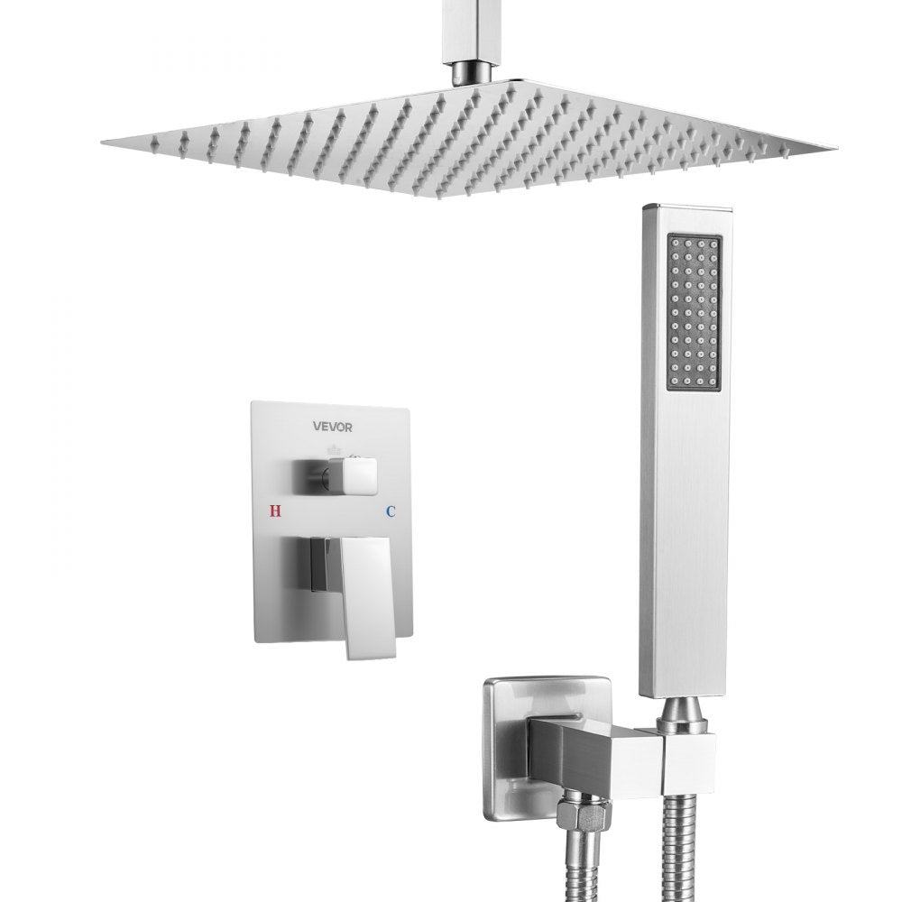 VEVOR Shower Faucet Set, Rainfall Bathroom Shower System with 12-Inch Square Rain Shower Head and Handheld Spray, Ceiling Mount Bath Fixtures with Brass Valve and Trim Kit, Brushed Nickel