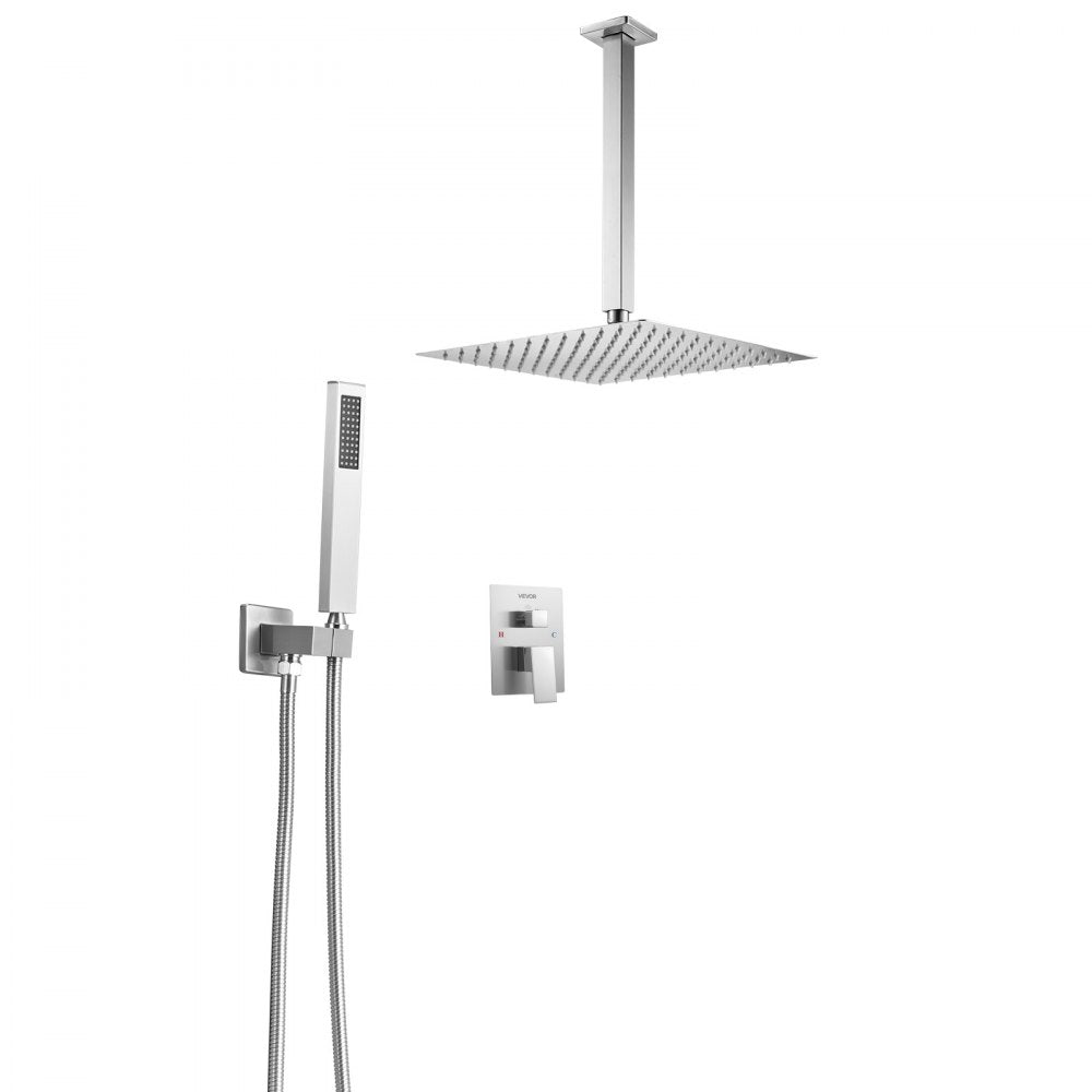 VEVOR Shower Faucet Set, Rainfall Bathroom Shower System with 12-Inch Square Rain Shower Head and Handheld Spray, Ceiling Mount Bath Fixtures with Brass Valve and Trim Kit, Brushed Nickel