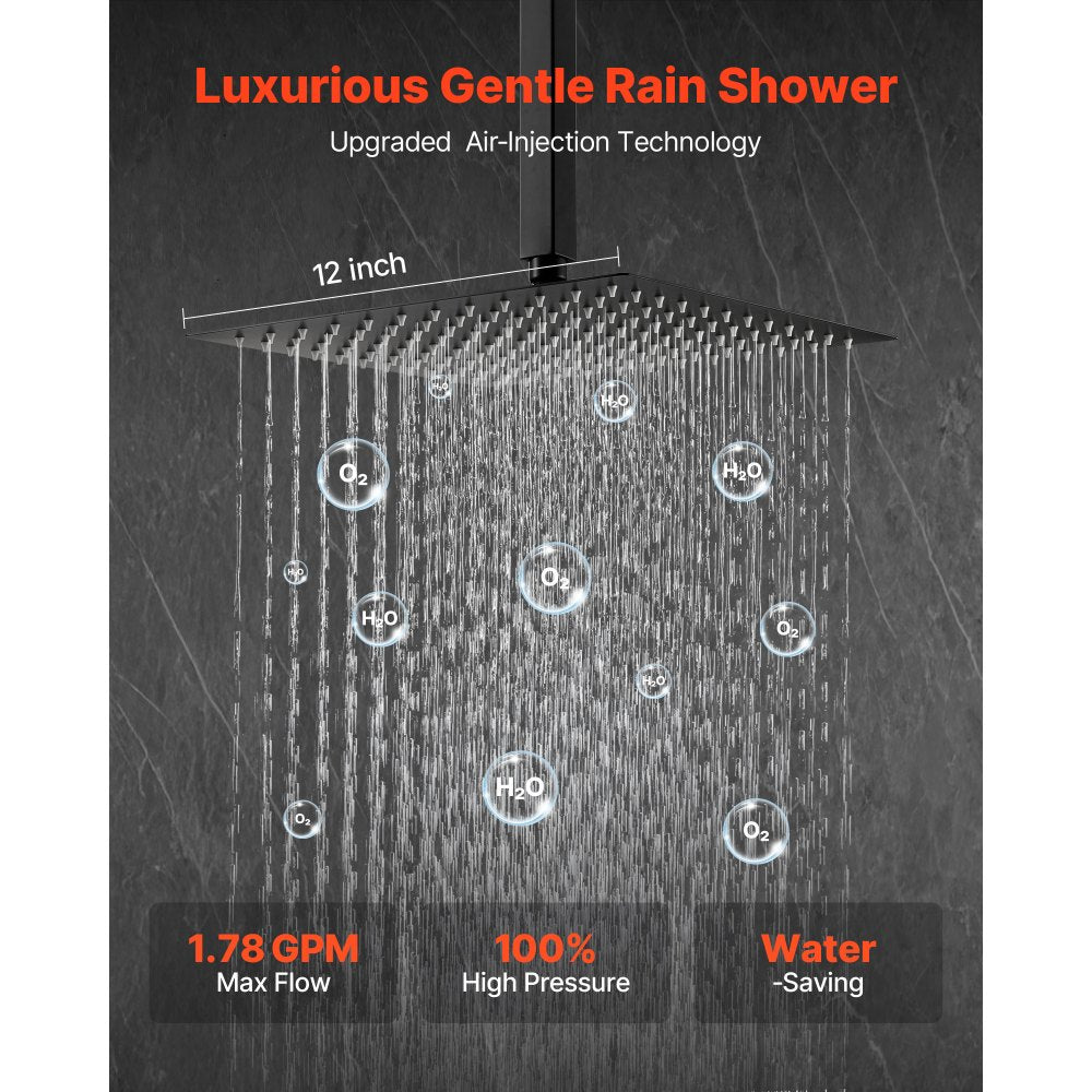 VEVOR Shower Faucet Set, Rainfall Bathroom Shower System with 12-Inch Square Rain Shower Head and Handheld Spray, Ceiling Mount Bath Fixtures with Brass Valve and Trim Kit, Matte Black