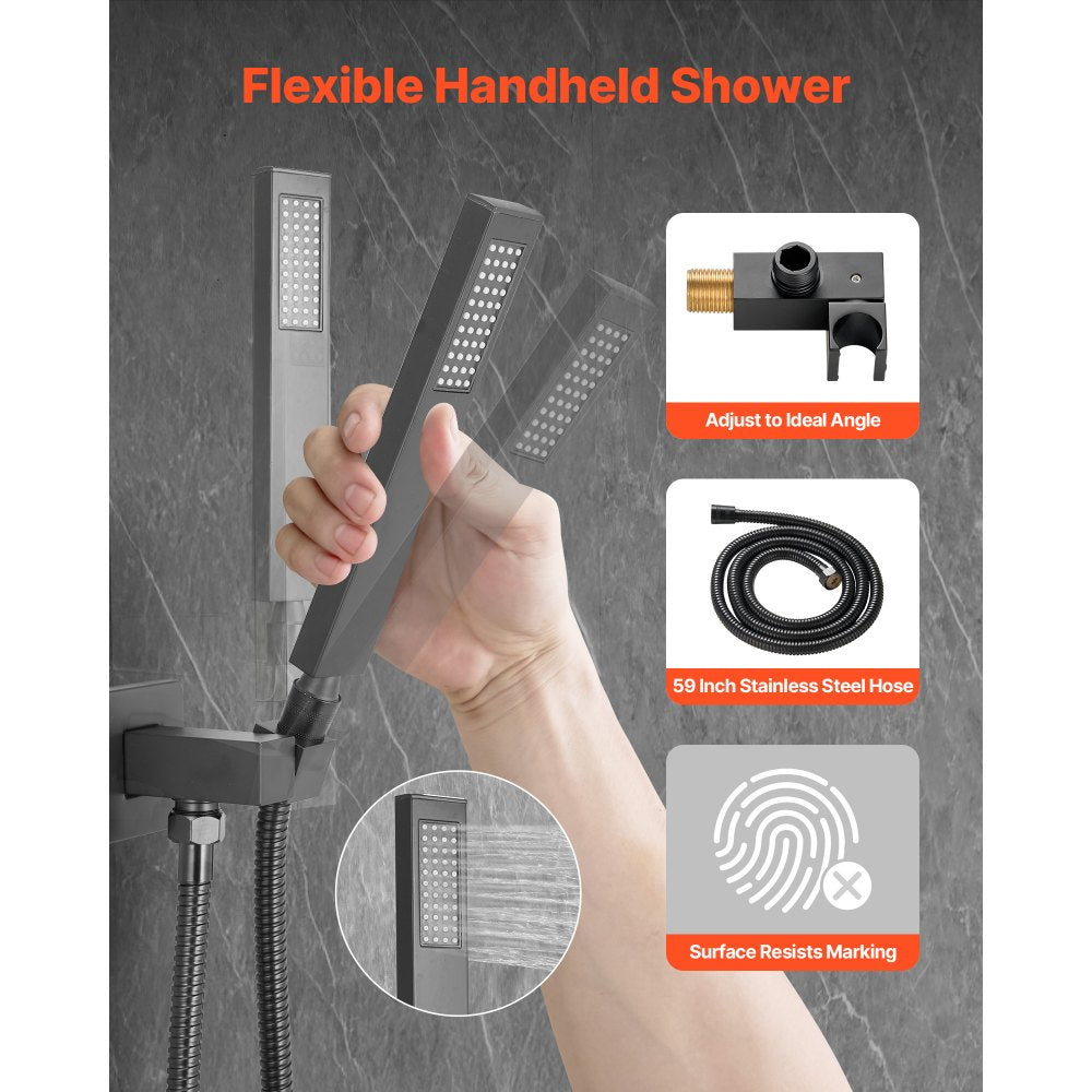 VEVOR Shower Faucet Set, Rainfall Bathroom Shower System with 12-Inch Square Rain Shower Head and Handheld Spray, Ceiling Mount Bath Fixtures with Brass Valve and Trim Kit, Matte Black