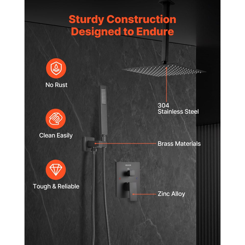 VEVOR Shower Faucet Set, Rainfall Bathroom Shower System with 12-Inch Square Rain Shower Head and Handheld Spray, Ceiling Mount Bath Fixtures with Brass Valve and Trim Kit, Matte Black