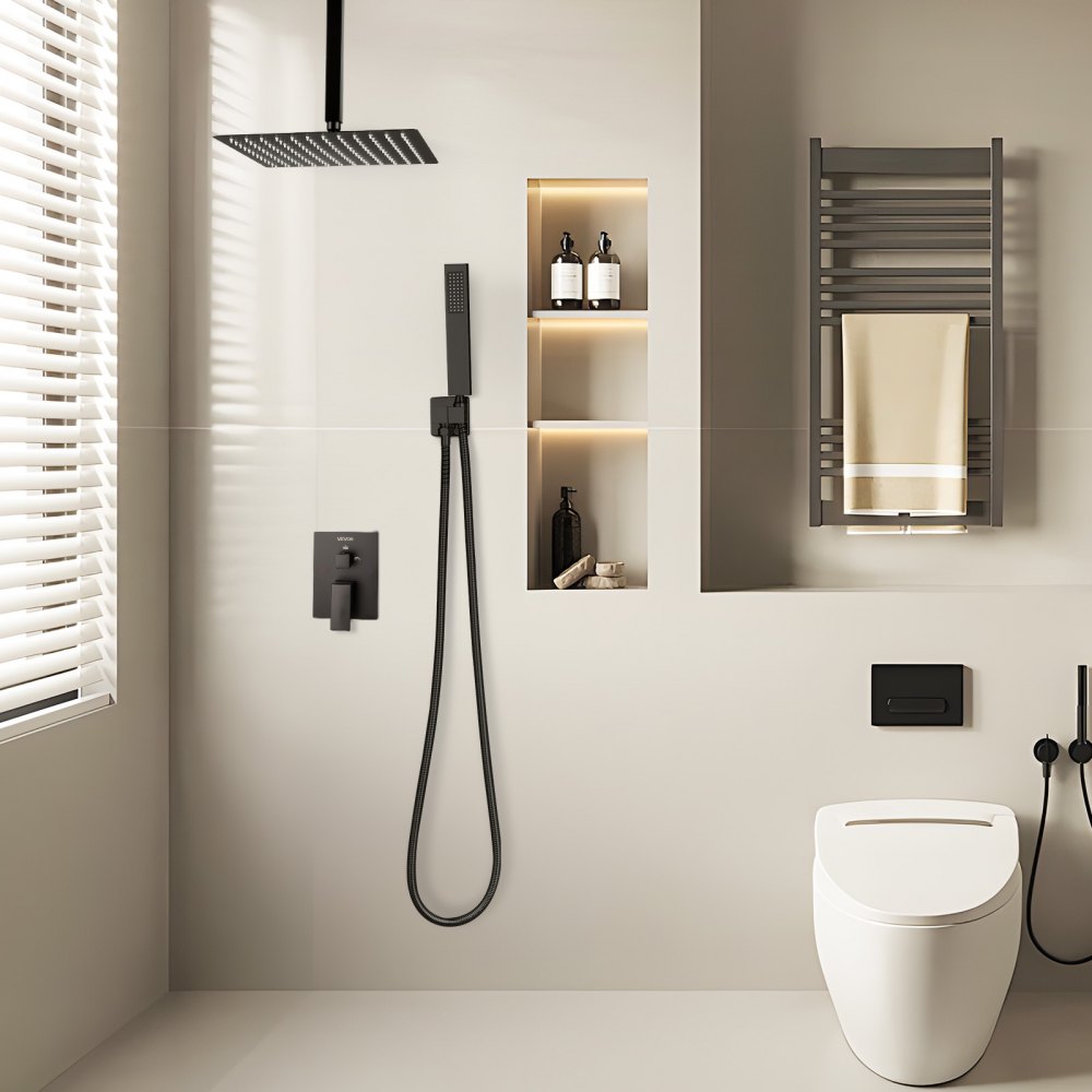 VEVOR Shower Faucet Set, Rainfall Bathroom Shower System with 12-Inch Square Rain Shower Head and Handheld Spray, Ceiling Mount Bath Fixtures with Brass Valve and Trim Kit, Matte Black