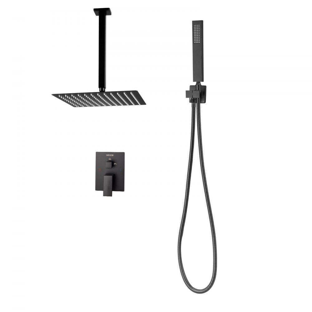 VEVOR Shower Faucet Set, Rainfall Bathroom Shower System with 12-Inch Square Rain Shower Head and Handheld Spray, Ceiling Mount Bath Fixtures with Brass Valve and Trim Kit, Matte Black