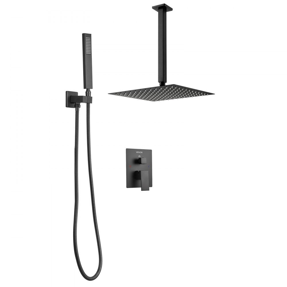 VEVOR Shower Faucet Set, Rainfall Bathroom Shower System with 12-Inch Square Rain Shower Head and Handheld Spray, Ceiling Mount Bath Fixtures with Brass Valve and Trim Kit, Matte Black