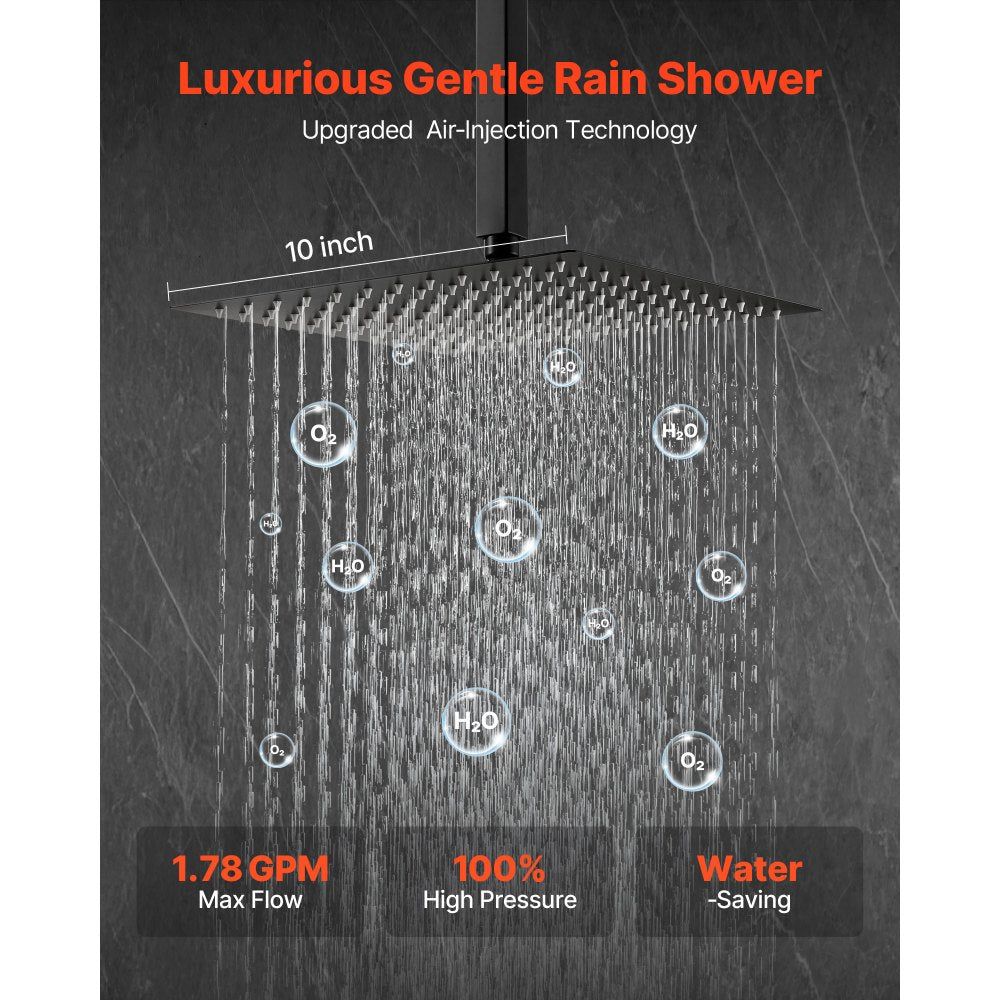 VEVOR Shower Faucet Set, Rainfall Bathroom Shower System with 10-Inch Square Rain Shower Head and Handheld Spray, Ceiling Mount Bath Fixtures with Brass Valve and Trim Kit, Matte Black