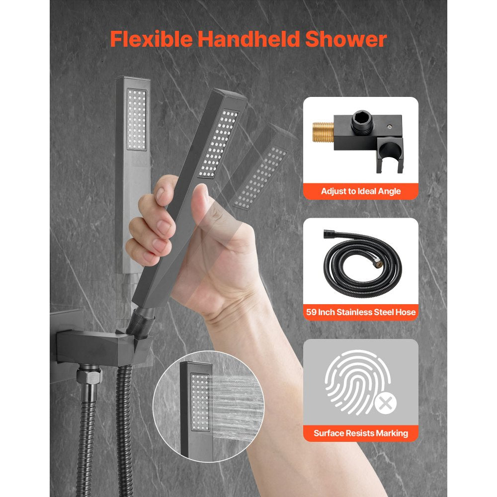 VEVOR Shower Faucet Set, Rainfall Bathroom Shower System with 10-Inch Square Rain Shower Head and Handheld Spray, Ceiling Mount Bath Fixtures with Brass Valve and Trim Kit, Matte Black