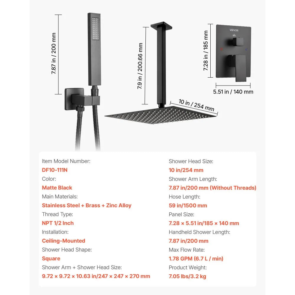 VEVOR Shower Faucet Set, Rainfall Bathroom Shower System with 10-Inch Square Rain Shower Head and Handheld Spray, Ceiling Mount Bath Fixtures with Brass Valve and Trim Kit, Matte Black