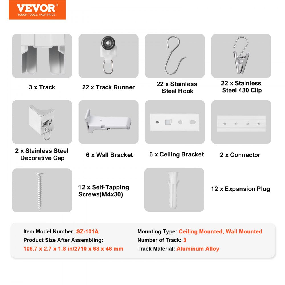 VEVOR Ceiling Curtain Track Set, 8.9 FT/2.7 Meter, Sliding Ceiling Track System for Curtains, Room Divider Curtain Track Ceiling/Wall Mounted for Living Room Bedroom with Hooks and Hardware, White