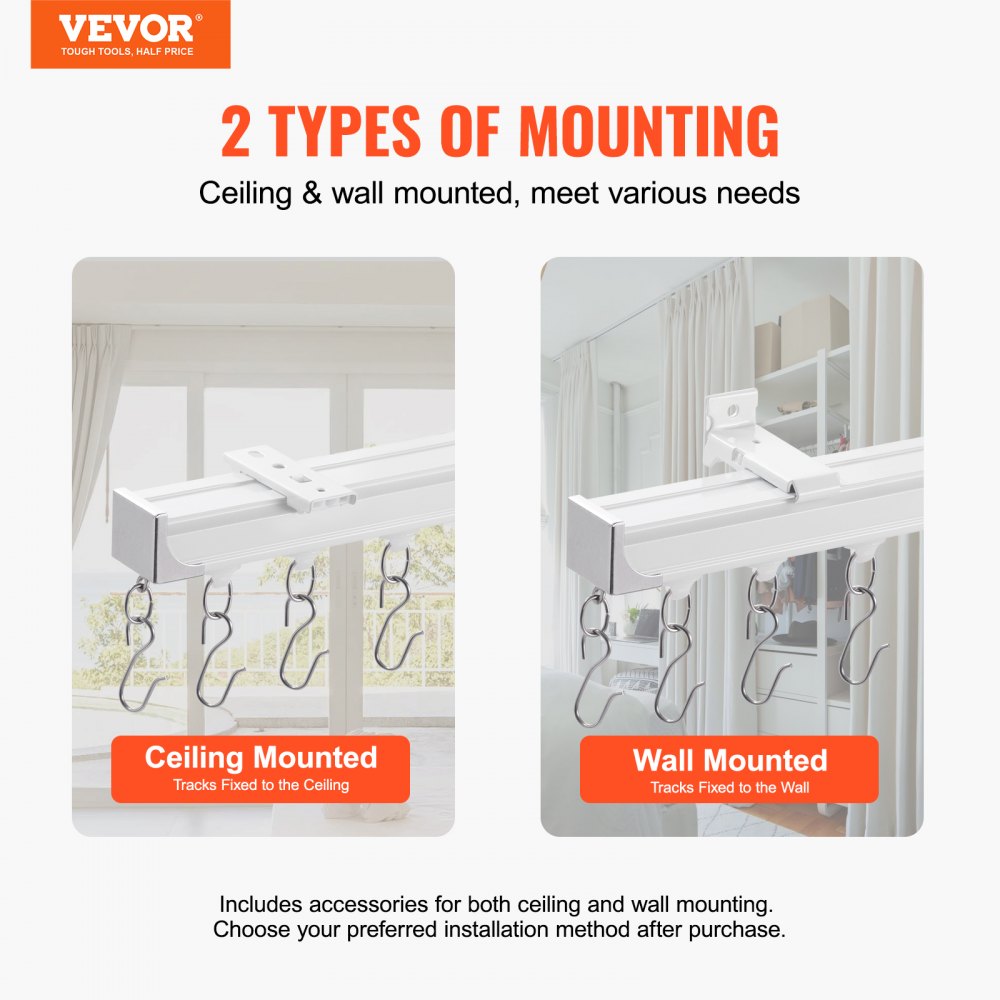 VEVOR Ceiling Curtain Track Set, 11.8 FT/3.6 Meter, Sliding Ceiling Track System for Curtains, Room Divider Curtain Track Ceiling/Wall Mounted for Living Room Bedroom with Hooks and Hardware, White