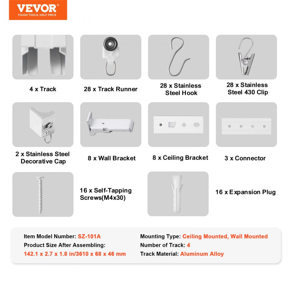 VEVOR Ceiling Curtain Track Set, 11.8 FT/3.6 Meter, Sliding Ceiling Track System for Curtains, Room Divider Curtain Track Ceiling/Wall Mounted for Living Room Bedroom with Hooks and Hardware, White