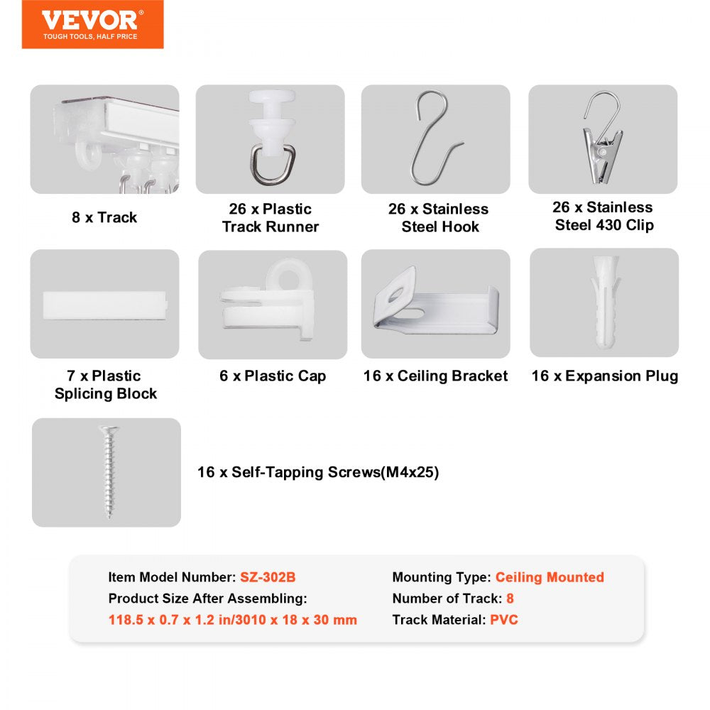 VEVOR Ceiling Curtain Track Set, 9.9 FT/3 Meter, Self Adhesive, No Drill Ceiling Track System for Curtains, Room Divider Curtain Track Ceiling Mounted for Living Room with Hooks and Hardware, White