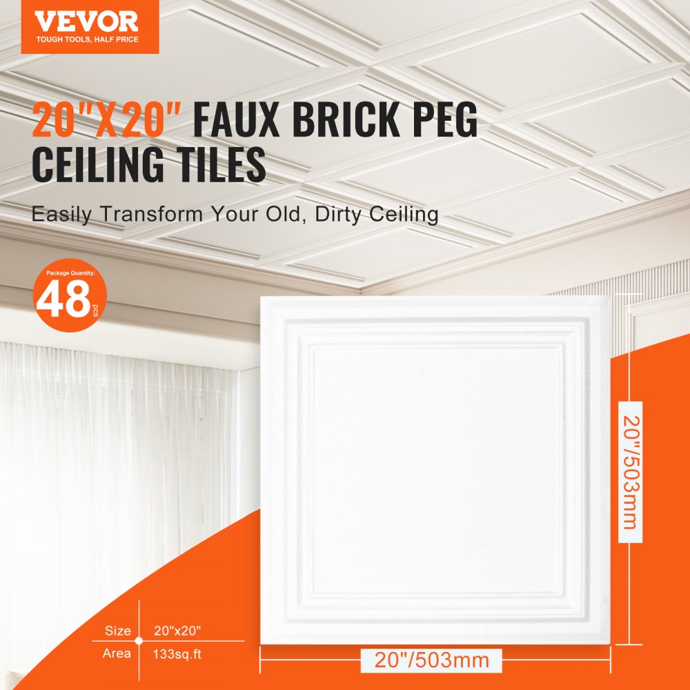 VEVOR Ceiling Tiles, 48-Pack 20 x 20 in, Drop Ceiling Tiles Premium Polystyrene Sheet, Easy Installation/ Cutting Plastic Glue-up Ceiling Tile, Basement Ceiling Covering for Home/Office Decoration
