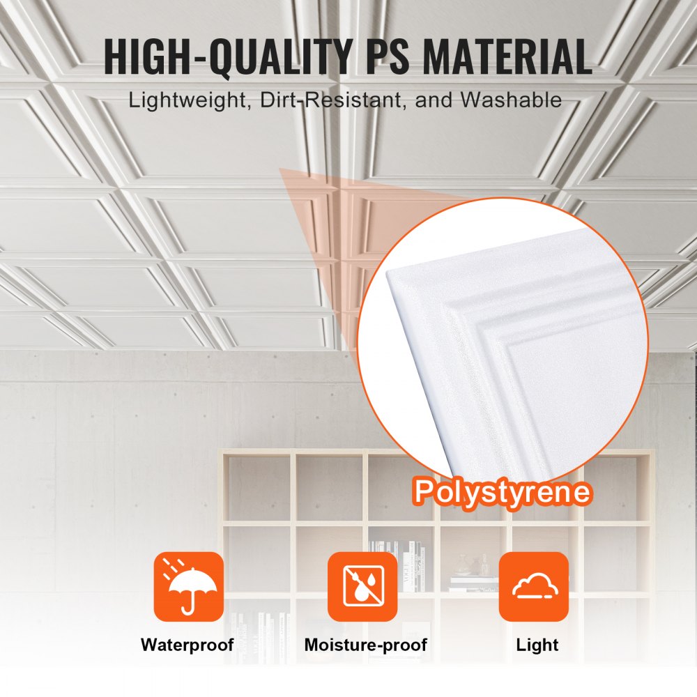 VEVOR Ceiling Tiles, 48-Pack 20 x 20 in, Drop Ceiling Tiles Premium Polystyrene Sheet, Easy Installation/ Cutting Plastic Glue-up Ceiling Tile, Basement Ceiling Covering for Home/Office Decoration