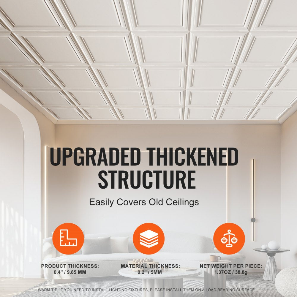 VEVOR Ceiling Tiles, 48-Pack 20 x 20 in, Drop Ceiling Tiles Premium Polystyrene Sheet, Easy Installation/ Cutting Plastic Glue-up Ceiling Tile, Basement Ceiling Covering for Home/Office Decoration