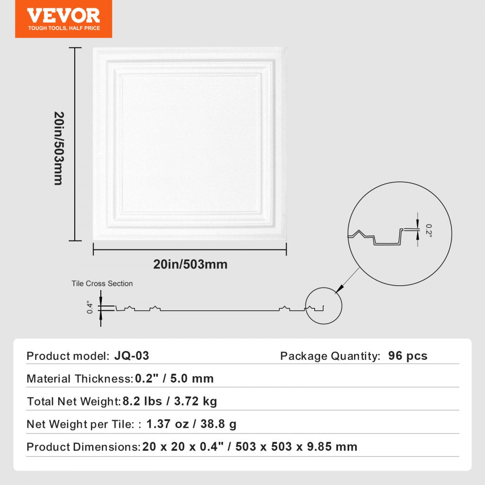 VEVOR Ceiling Tiles, 96-Pack 20 x 20 in, Drop Ceiling Tiles Premium Polystyrene Sheet, Easy Installation/ Cutting Plastic Glue-up Ceiling Tile, Basement Ceiling Covering for Home/Office Decoration