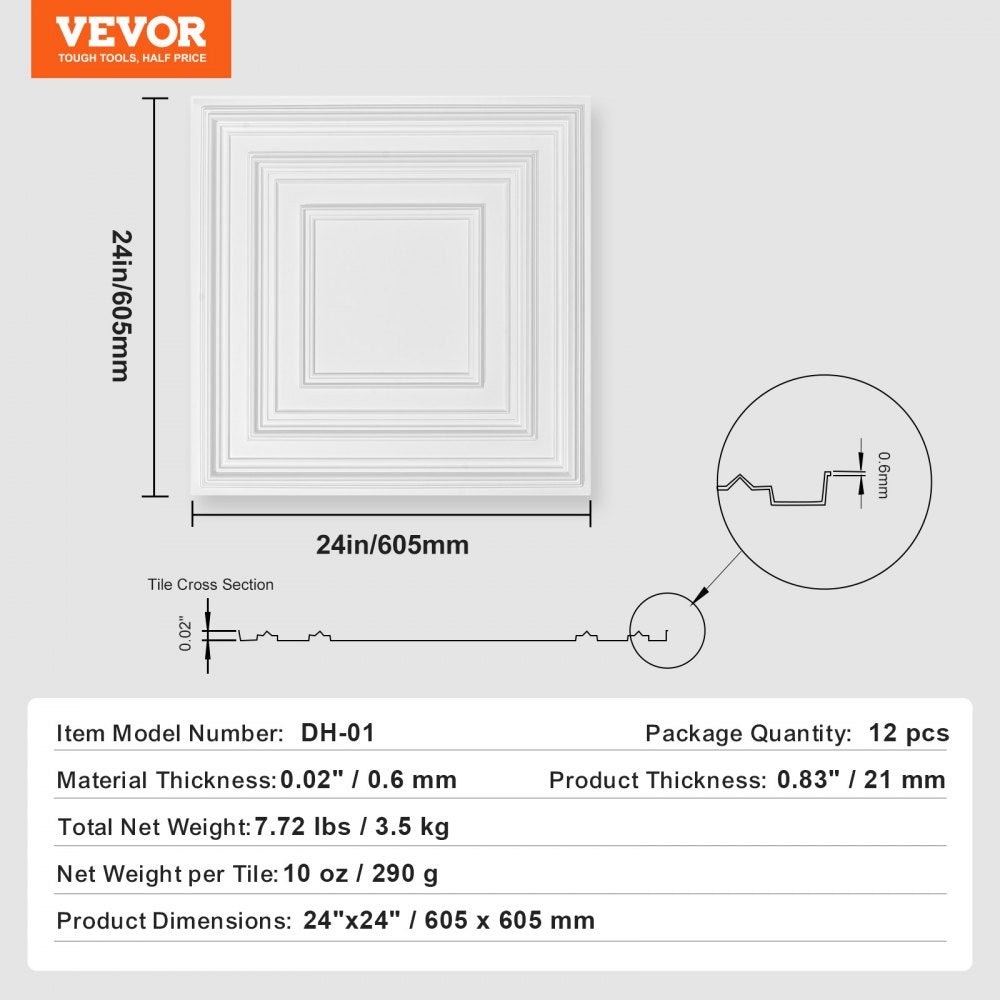VEVOR Ceiling Tiles, 12-Pack 24 x 24 in, Drop Ceiling Tiles Premium PVC Sheet, Easy Installation/ Cutting Plastic Glue-up Ceiling Tile, Ceiling Covering for Home/Office Decoration, White Peg Pattern