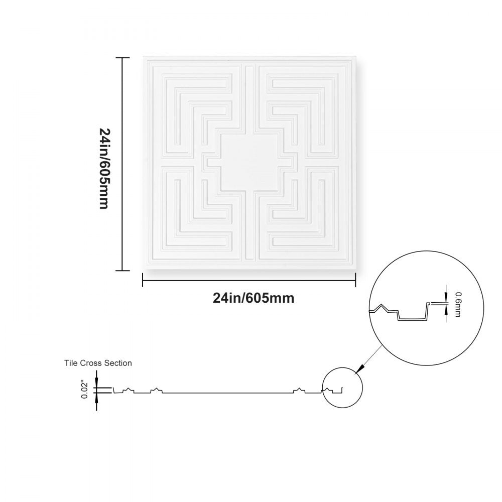 VEVOR Ceiling Tiles, 12-Pack 24 x 24 in, Drop Ceiling Tiles Premium PVC Sheet, Easy Installation/ Cutting Plastic Glue-up Ceiling Tile, Ceiling Covering for Home/Office Decoration, White Echo Pattern