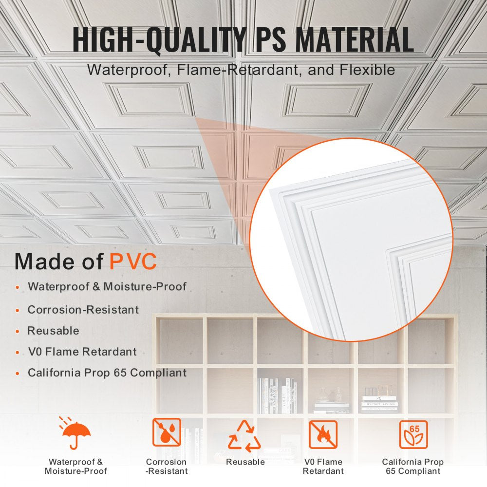 VEVOR Ceiling Tiles, 12-Pack 24 x 24 in, Drop Ceiling Tiles Premium PVC Sheet, Easy Installation/ Cutting Plastic Glue-up Ceiling Tile, Ceiling Covering for Home/Office Decoration, White Geometric