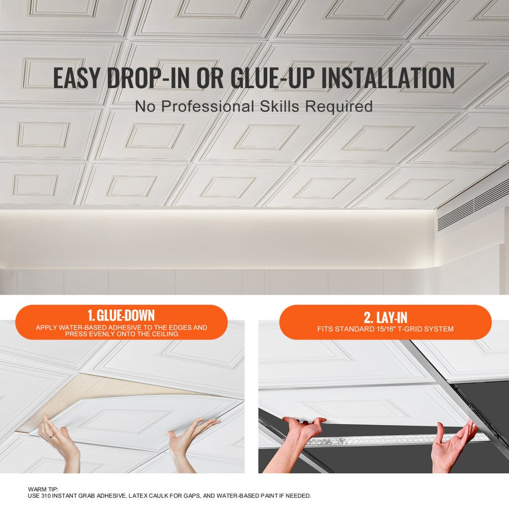 VEVOR Ceiling Tiles, 12-Pack 24 x 24 in, Drop Ceiling Tiles Premium PVC Sheet, Easy Installation/ Cutting Plastic Glue-up Ceiling Tile, Ceiling Covering for Home/Office Decoration, White Geometric