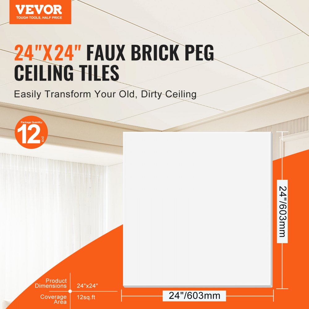 VEVOR Ceiling Tiles, 12-Pack 24 x 24 in, Drop Ceiling Tiles Premium PVC Foam Sheet, Fire-Rated & Good Flexibility & Easy Installation, Ceiling Covering for Home/Office Decoration, Smooth White