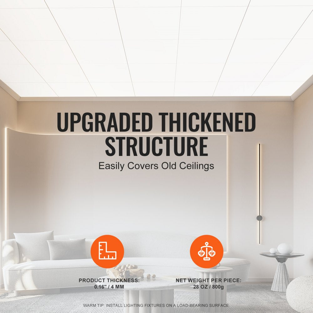 VEVOR Ceiling Tiles, 12-Pack 24 x 24 in, Drop Ceiling Tiles Premium PVC Foam Sheet, Fire-Rated & Good Flexibility & Easy Installation, Ceiling Covering for Home/Office Decoration, Smooth White