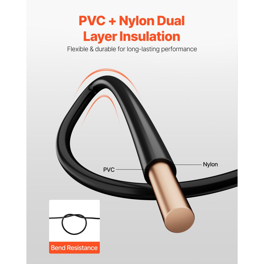 VEVOR 12 AWG Solid THHN Wire, 100% OFC Copper Electrical Building Wire with Nylon Jacket PVC Insulation, Rated for Up to 600 Volts, Heavy-Duty for Residential, Industrial, Commercial, Black (100 Feet)