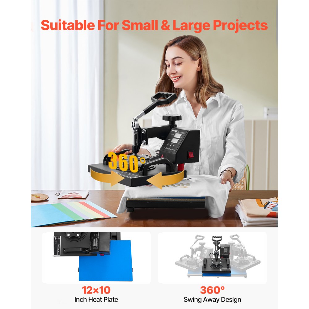 VEVOR Heat Press Machine 12 x 10 Inch T-Shirt Press 750 W Powerful Black, for T-Shirts, Garments, Bags, LCD Screen Display, Precise Control, Heat Transfer Sublimation Machine, Fast and Even Heating