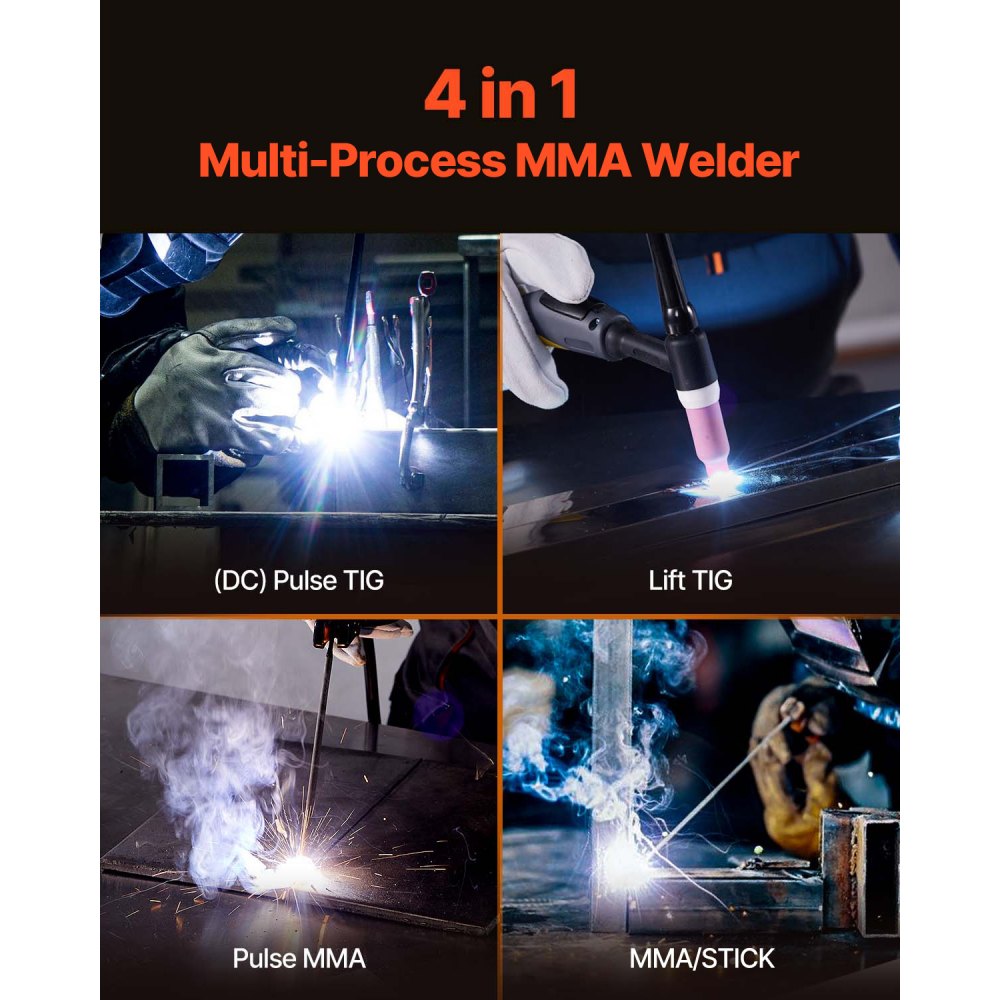 VEVOR MMA Welder, 140A 4-in-1 Welding Machine - MMA (Stick)/DC Pulse MMA/DC Pulse TIG/Lift TIG, 110 & 220V Dual Voltage Electric Welder with LED Display, Synergic Control, IGBT Inverter Hot Start